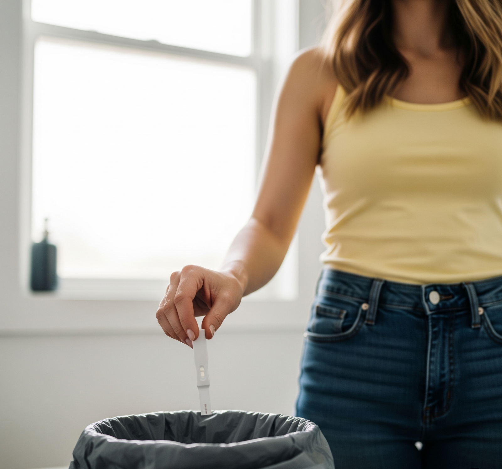  a woman throwing a fertility strip in the trash can