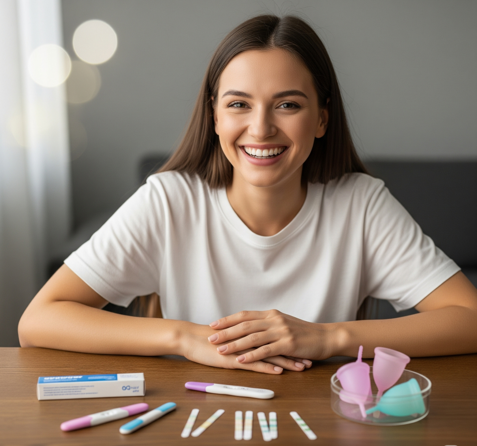 picture of a woman sitting at a table with a box of pregnancy tests, ovulation strips, and menstrual cups, and she is happy
