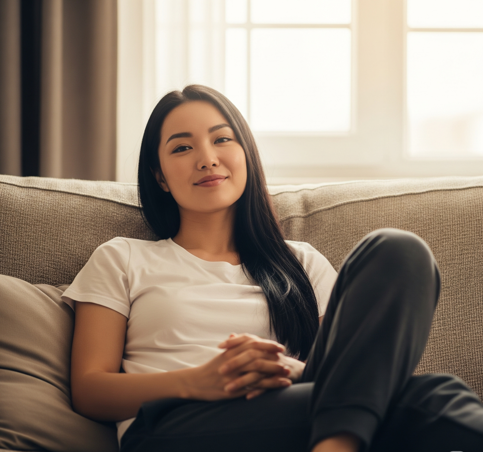 picture of a woman following a home insemination tip and relaxing on a couch