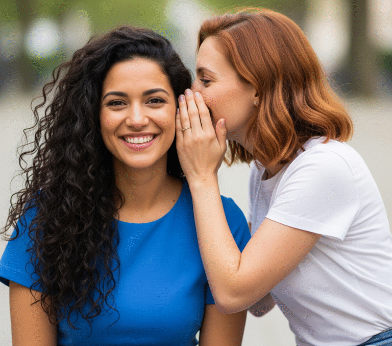 picture of a woman whispering to another woman.the woman listening is smiling at the camera