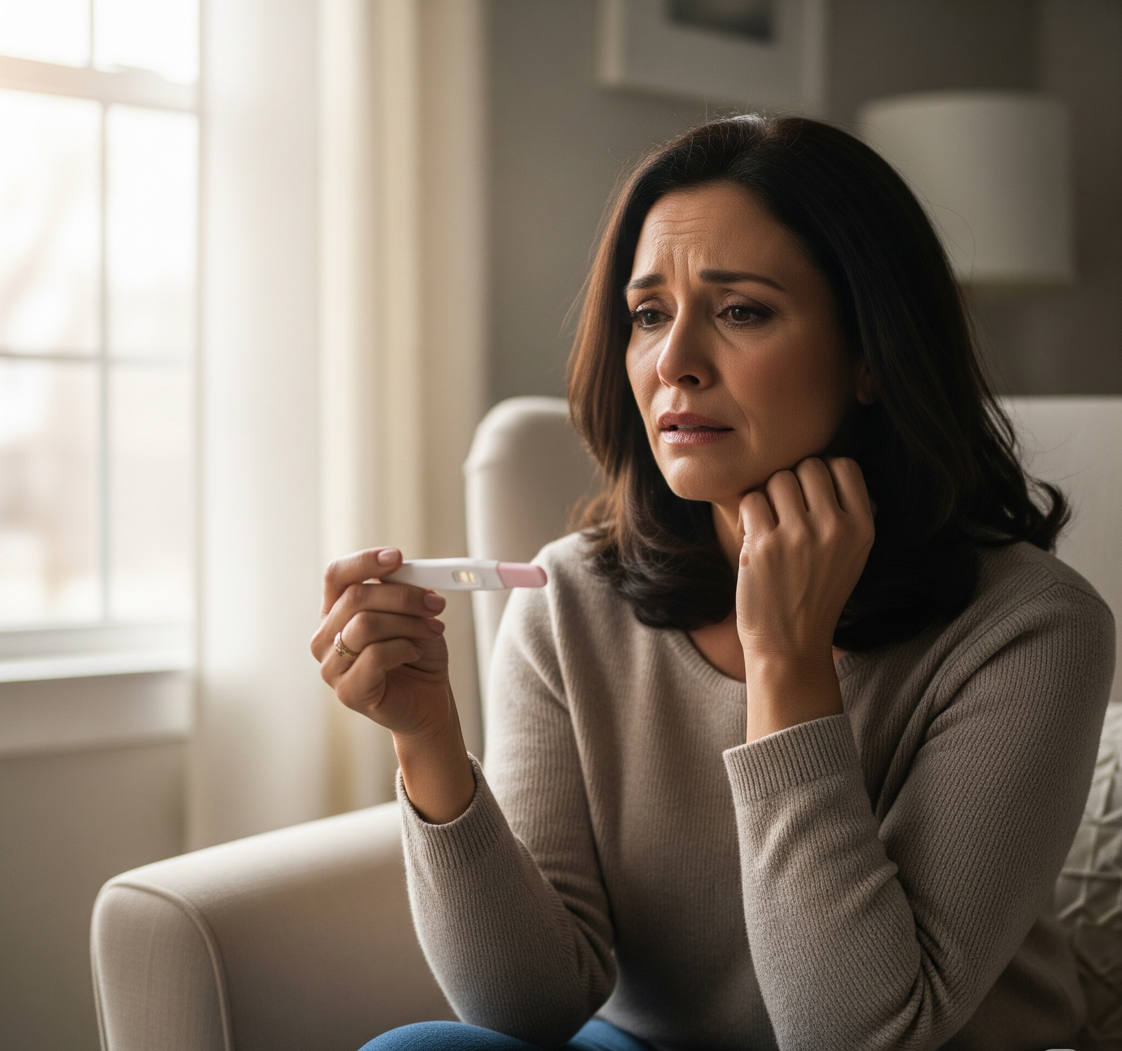 a sad woman looking at a pregnancy test