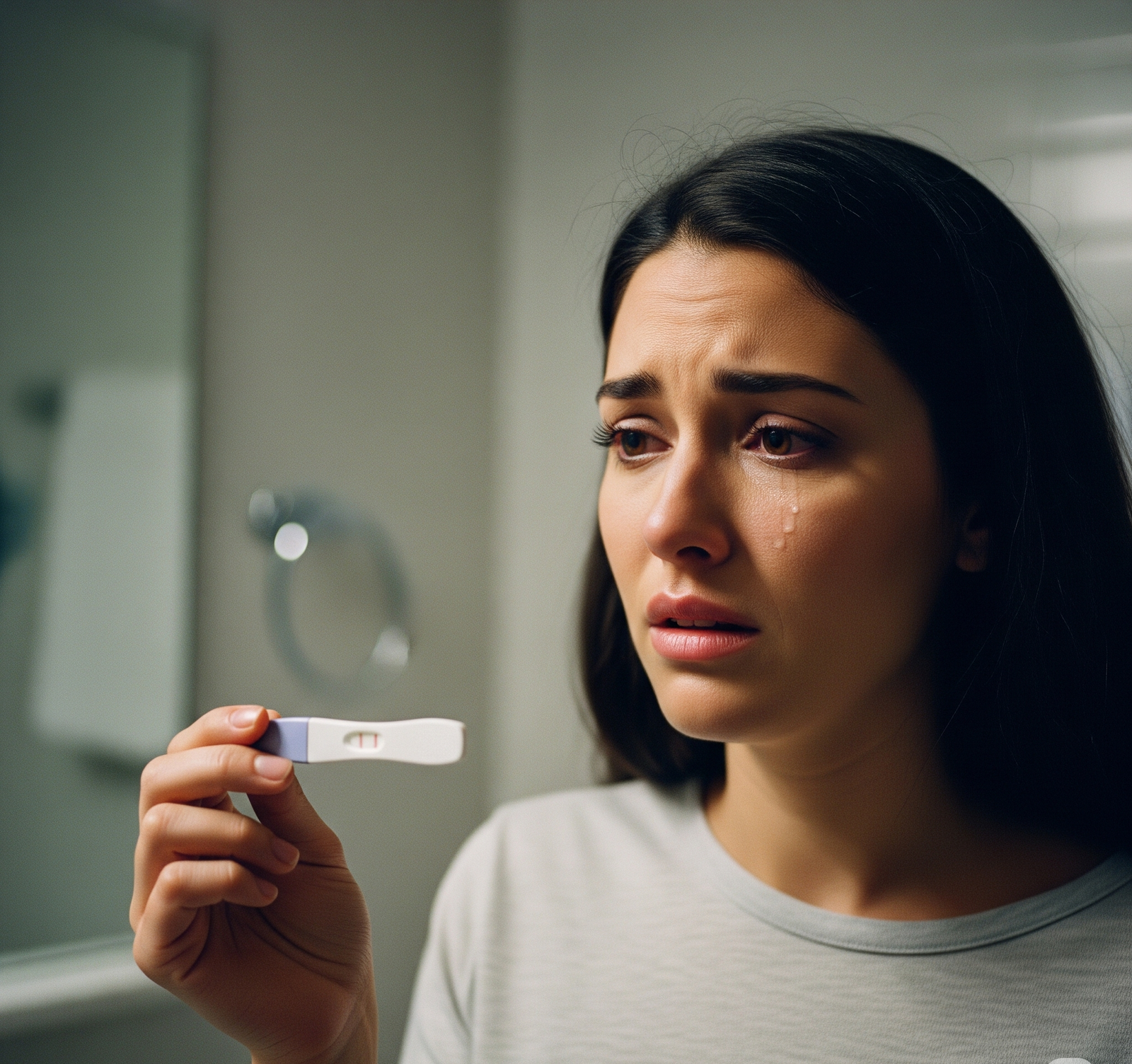 sad woman looking at pregnancy strip