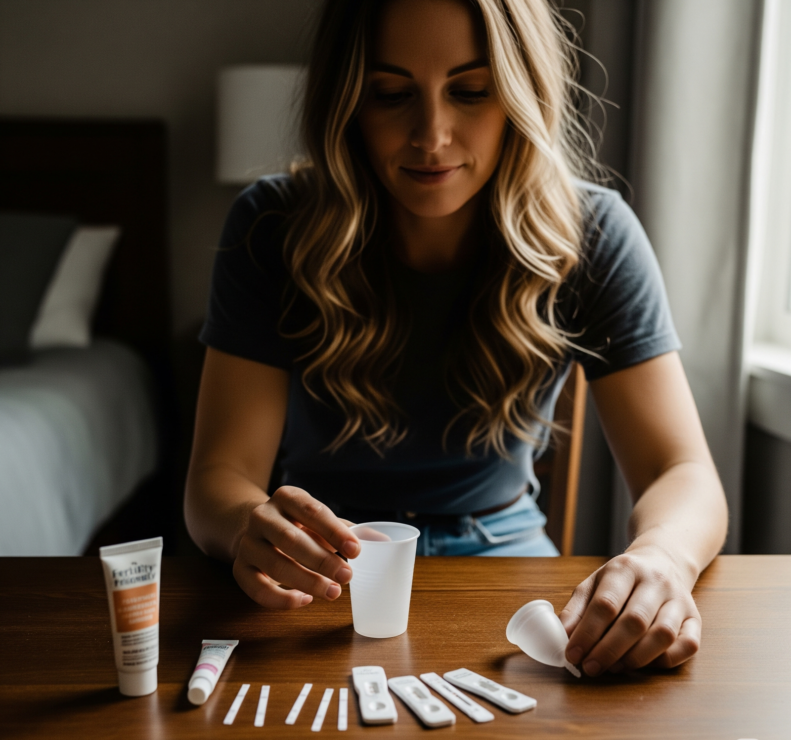 a woman sitting at a table with a DIY insemination kit.sterile specimen cup, ovulation test strips, fertility-friendly lubricant, and a menstrual cup