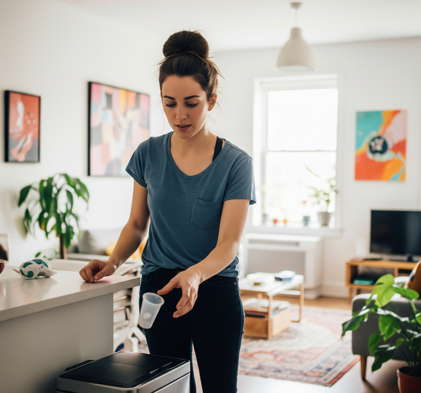 woman throwing away a used at home insemination kit