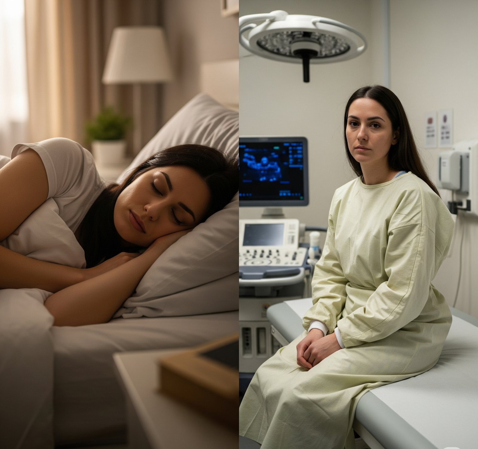 a woman at home and in a clinic split screen